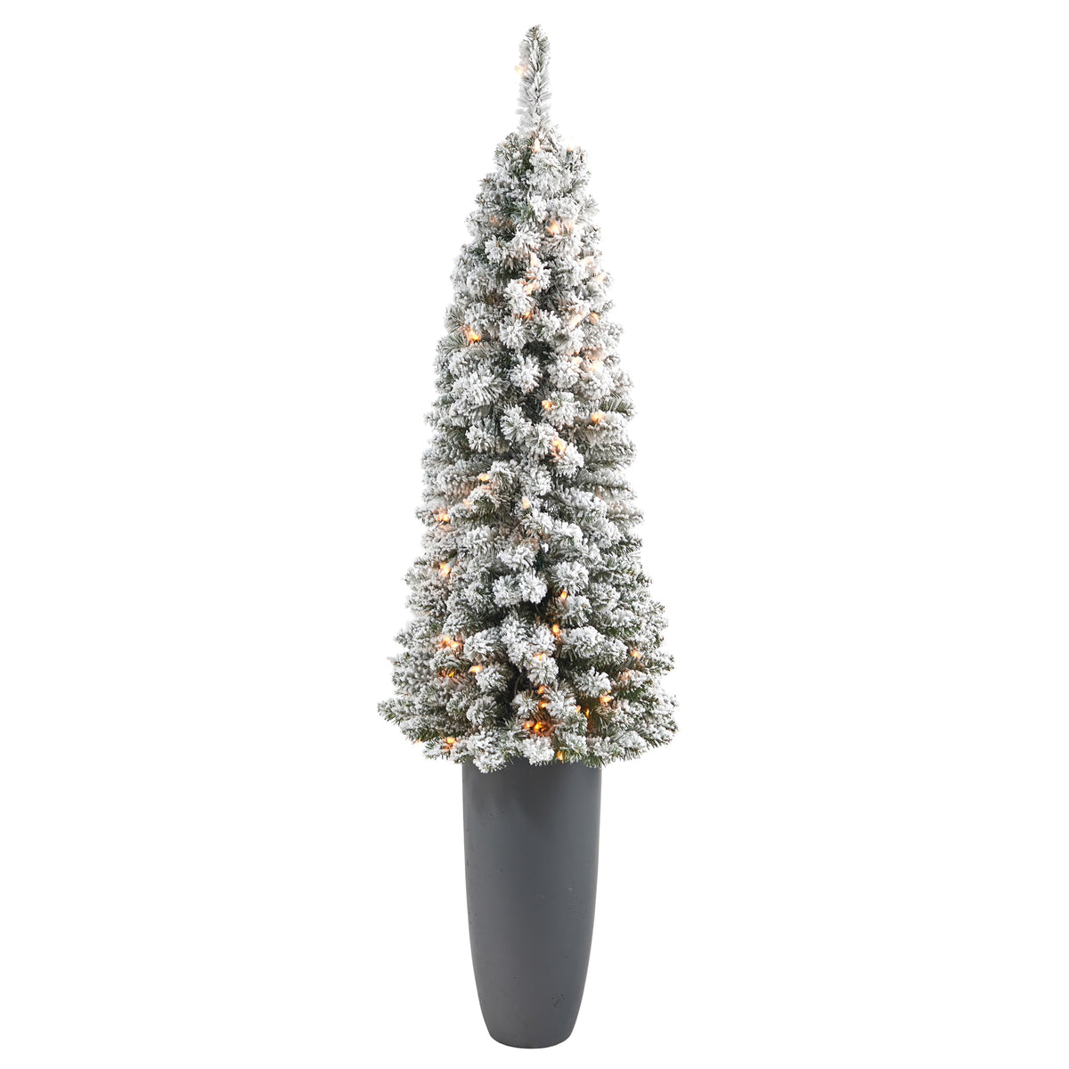 4' Flocked Pencil Christmas Tree w/100 Light in Gray Planter by Nearly Natural