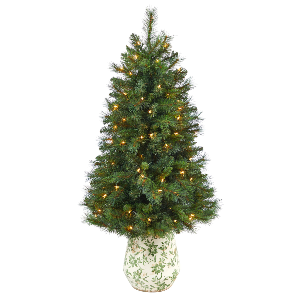 4.5' West Virginia Pine Xmas Tree w/100 in Floral Planter by Nearly Natural