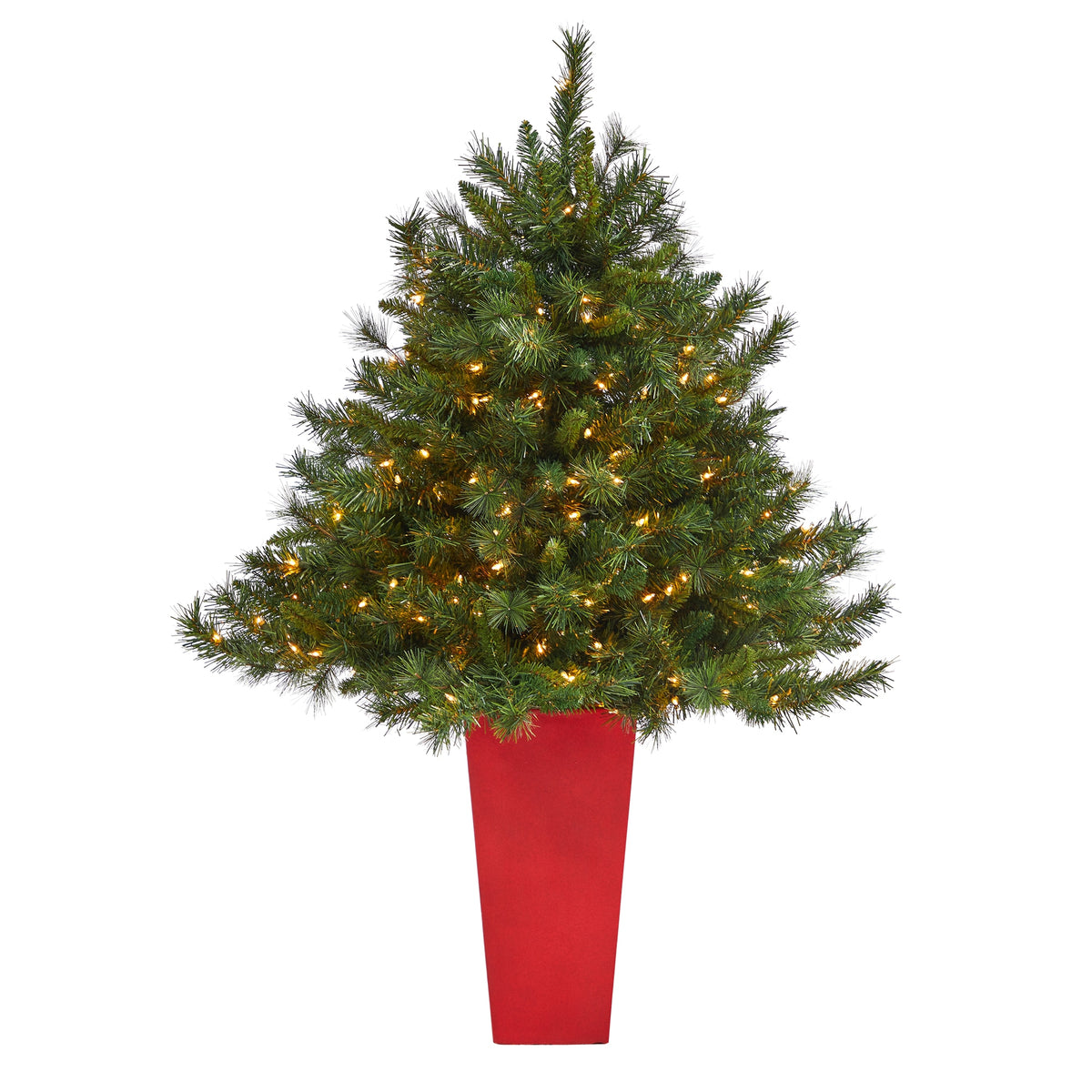 4.5' Wyoming Pine Christmas Tree w/250 Lights in Planter by Nearly Natural in Red