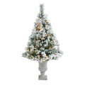 56" Flocked Oregon Pine Xmas Tree w/100 Lights in Urn by Nearly Natural