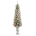 5.5' Flocked Pencil Christmas Tree w/200 Lights in Urn by Nearly Natural