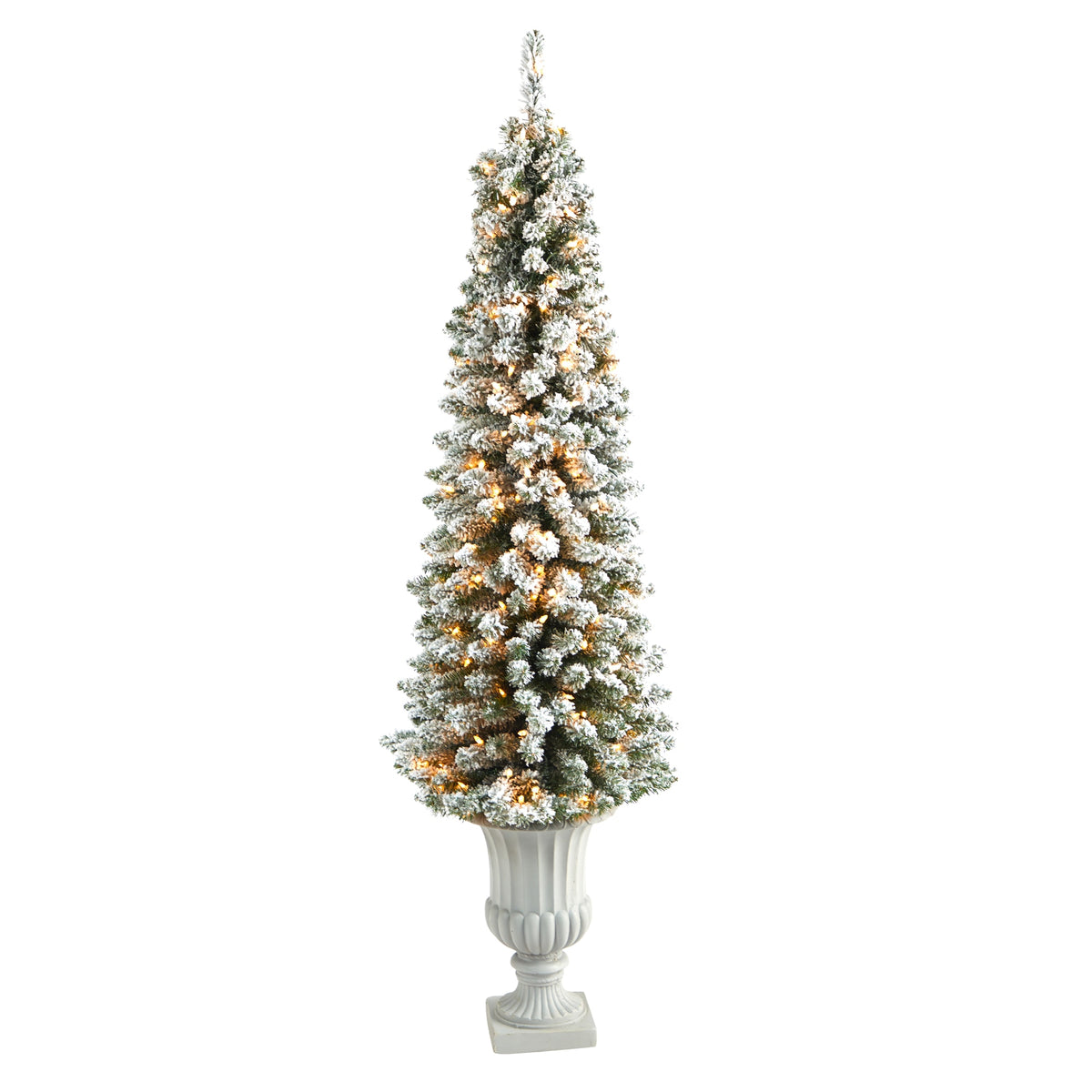 5.5' Flocked Pencil Christmas Tree w/200 Lights in Urn by Nearly Natural