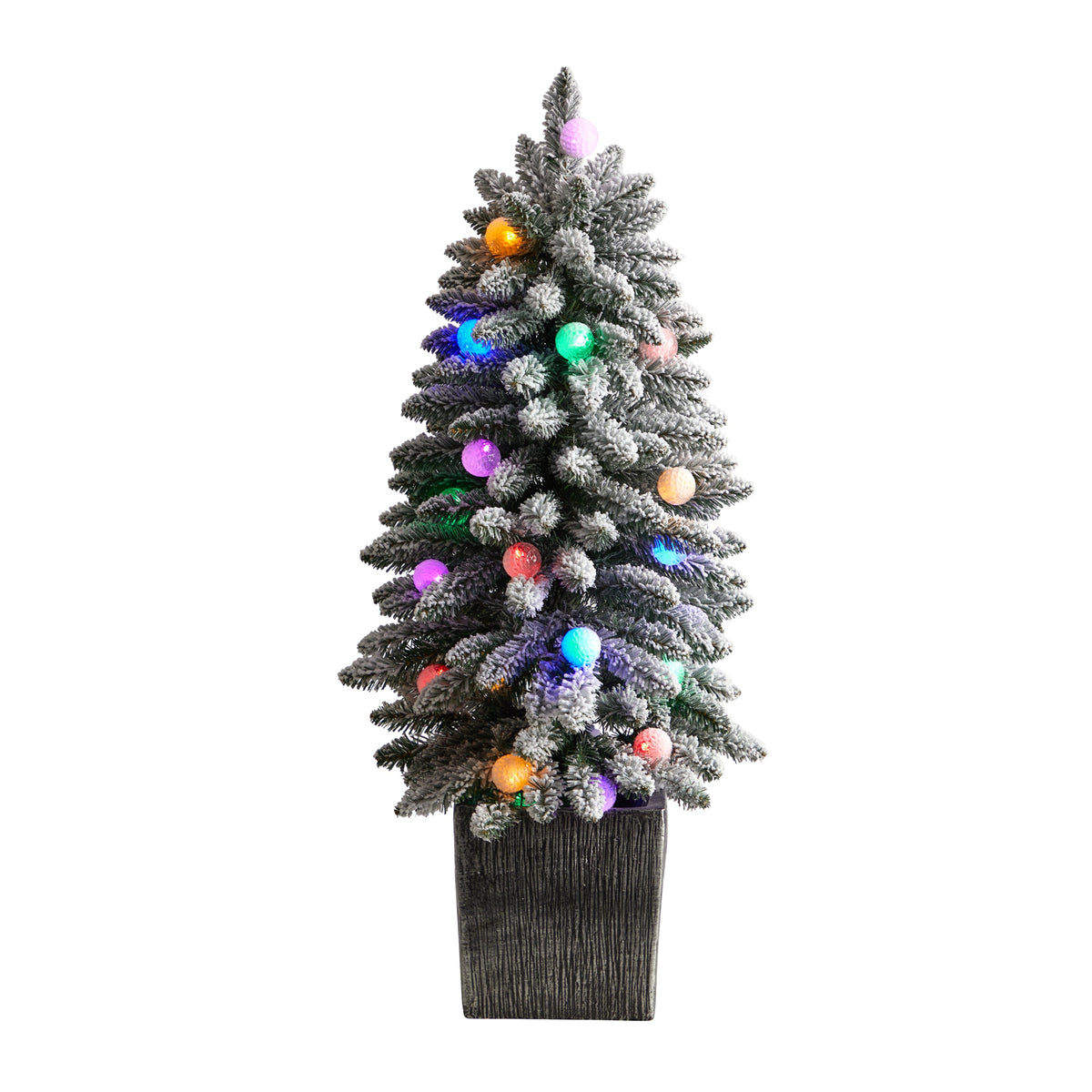 3' Flocked Xmas Tree w/127 Tips & 20  Globe Lights in Plntr by Nearly Natural