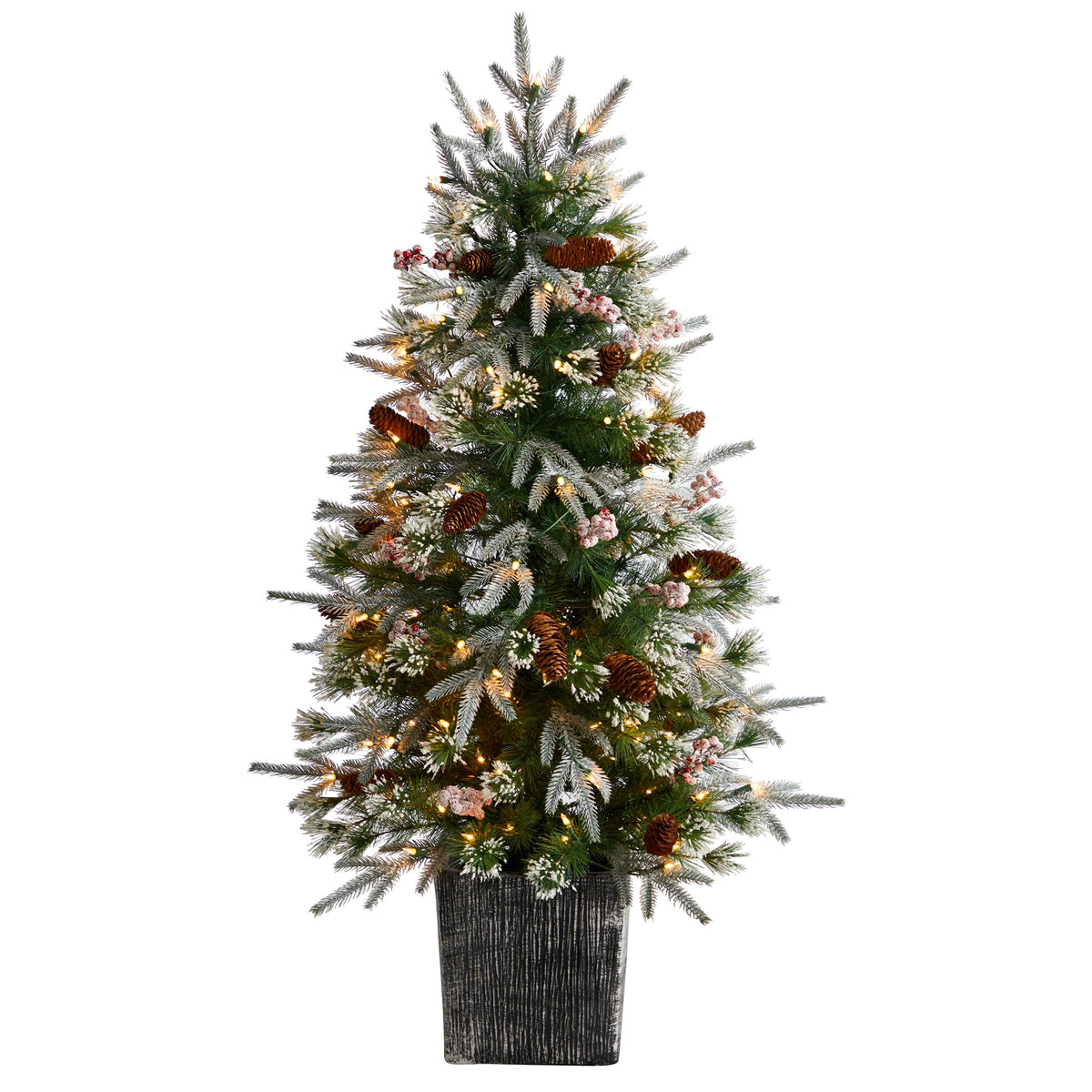 4' Frosted Xmas Tree w/105 Lights and Berries in Deco Plntr by Nearly Natural
