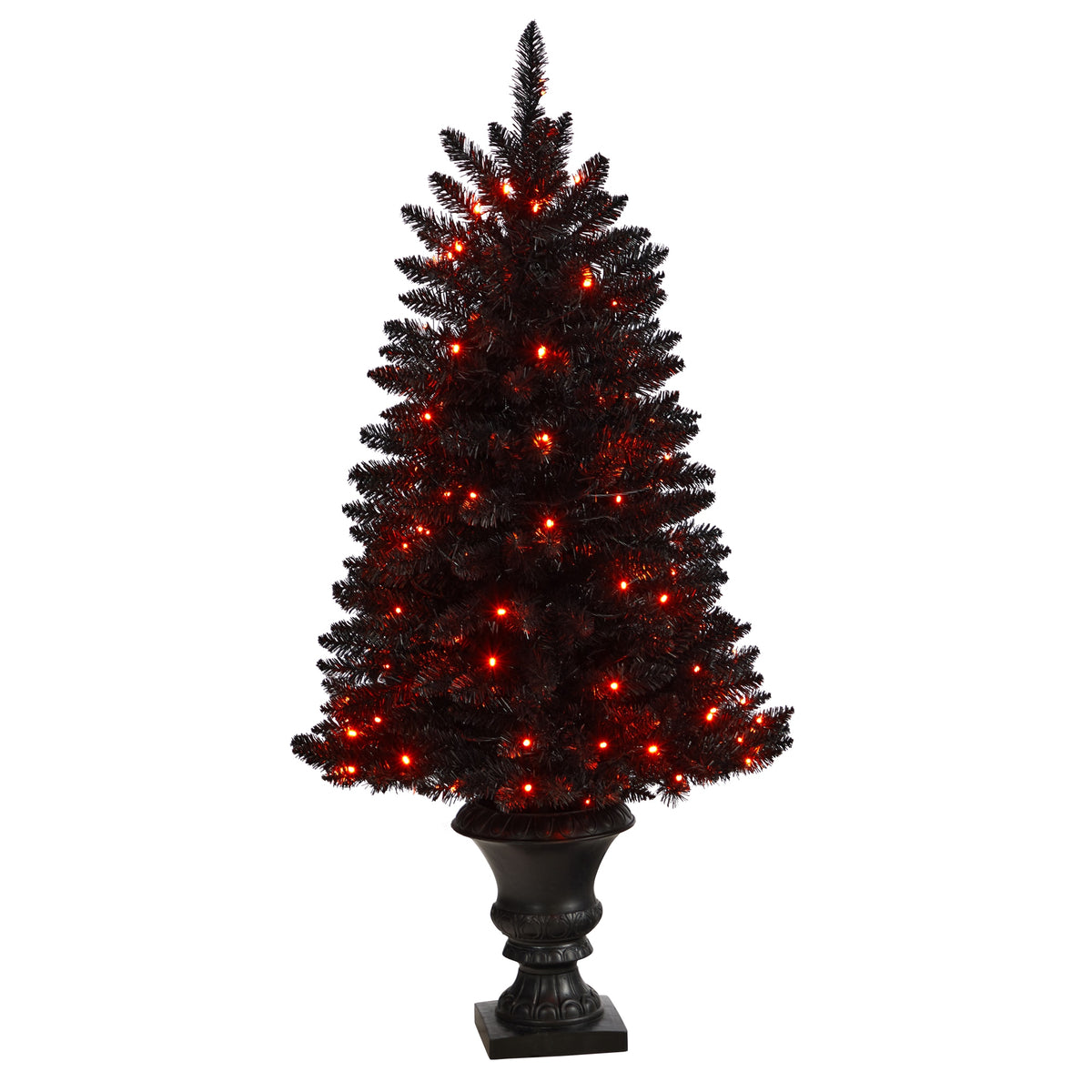 4' Black Halloween Xmas Tree in Urn w/100 Orange LED Lights by Nearly Natural