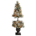 5' Flocked Porch Xmas Tree w/100 LED's 186 Tips and Urn by Nearly Natural