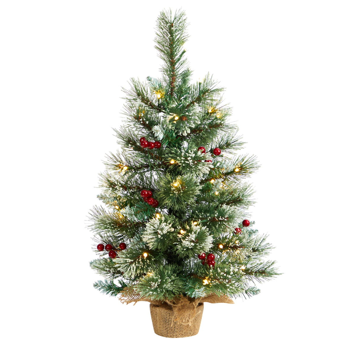 2' Snow Tipped Pine and Berry Xmas Tree w/35 LEDs in Burlap by Nearly Natural