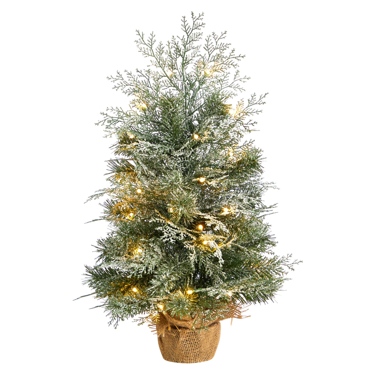 2' Frosted Xmas Tree with 35 LED Lights in Burlap Base by Nearly Natural
