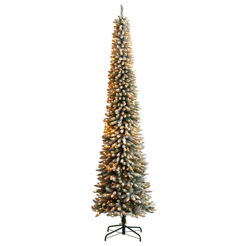10' Flocked Pencil Artificial Christmas Tree with 700 Clear by Nearly Natural
