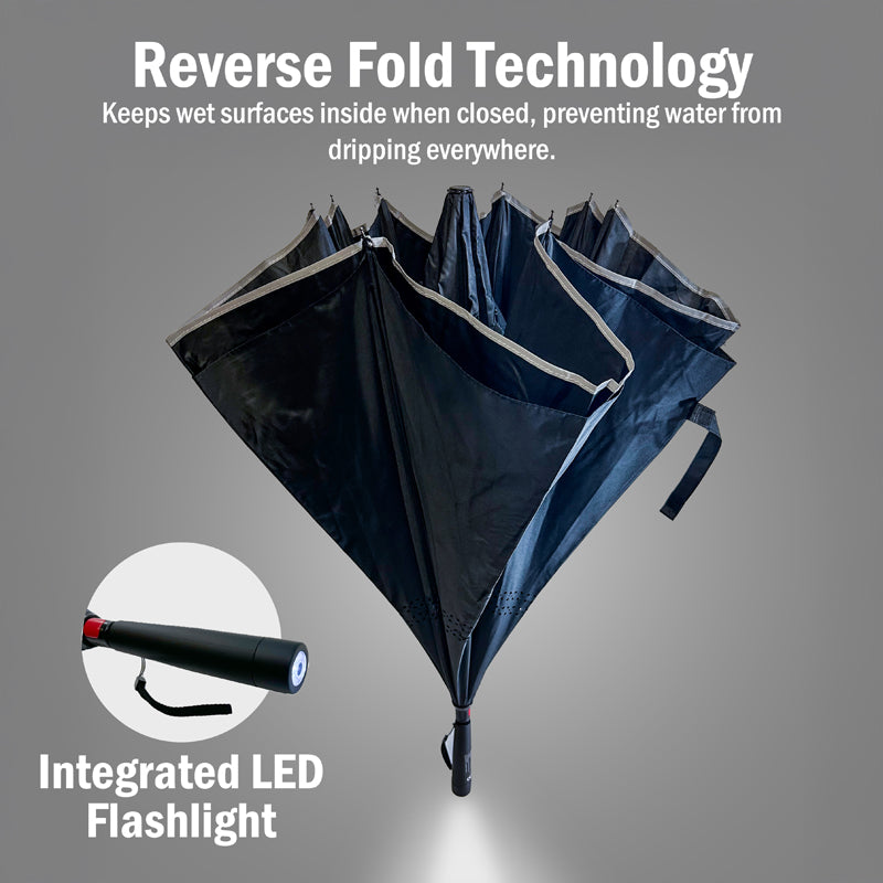 49" Reverse Folding Windproof Stick Umbrella With LED Flashlight