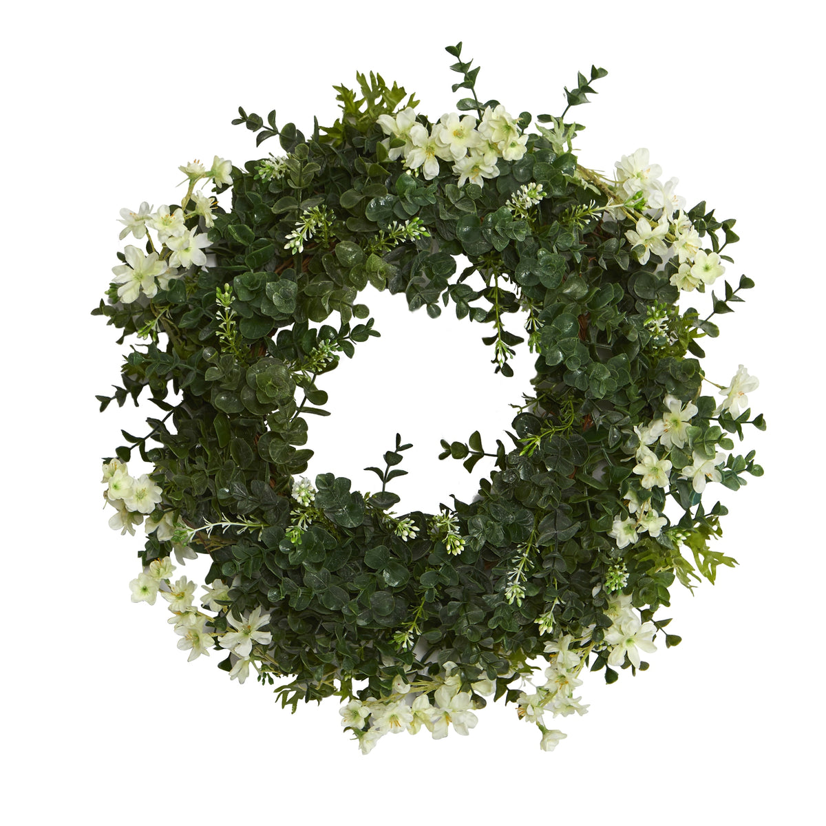 18" Eucalyptus and Dancing Daisy Wreath with Twig Base by Nearly Natural