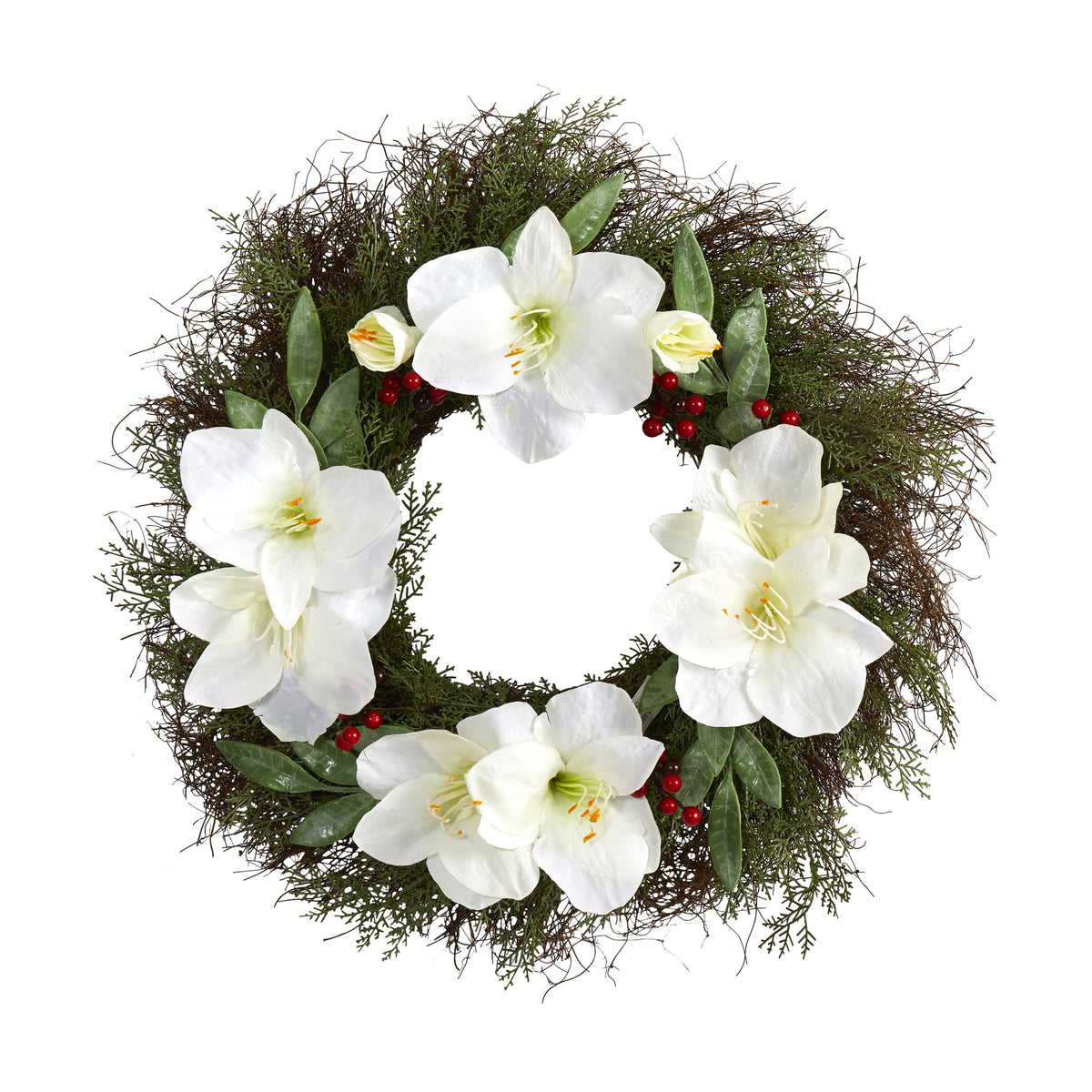 20" Cedar Amaryllis and Ruscus with Berries Wreath by Nearly Natural