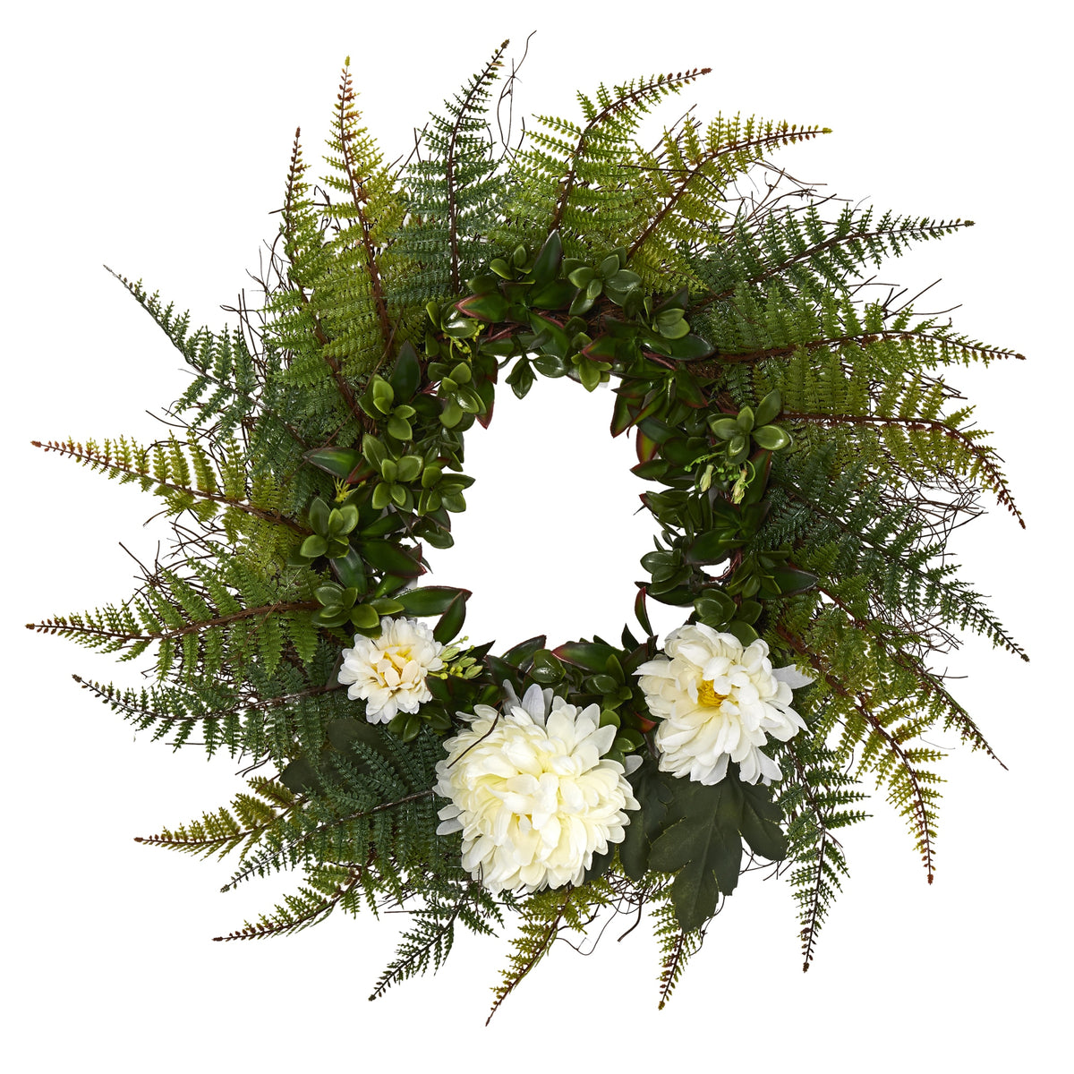 23" Assorted Fern and Chrysanthemum Artificial Wreath by Nearly Natural in Cream