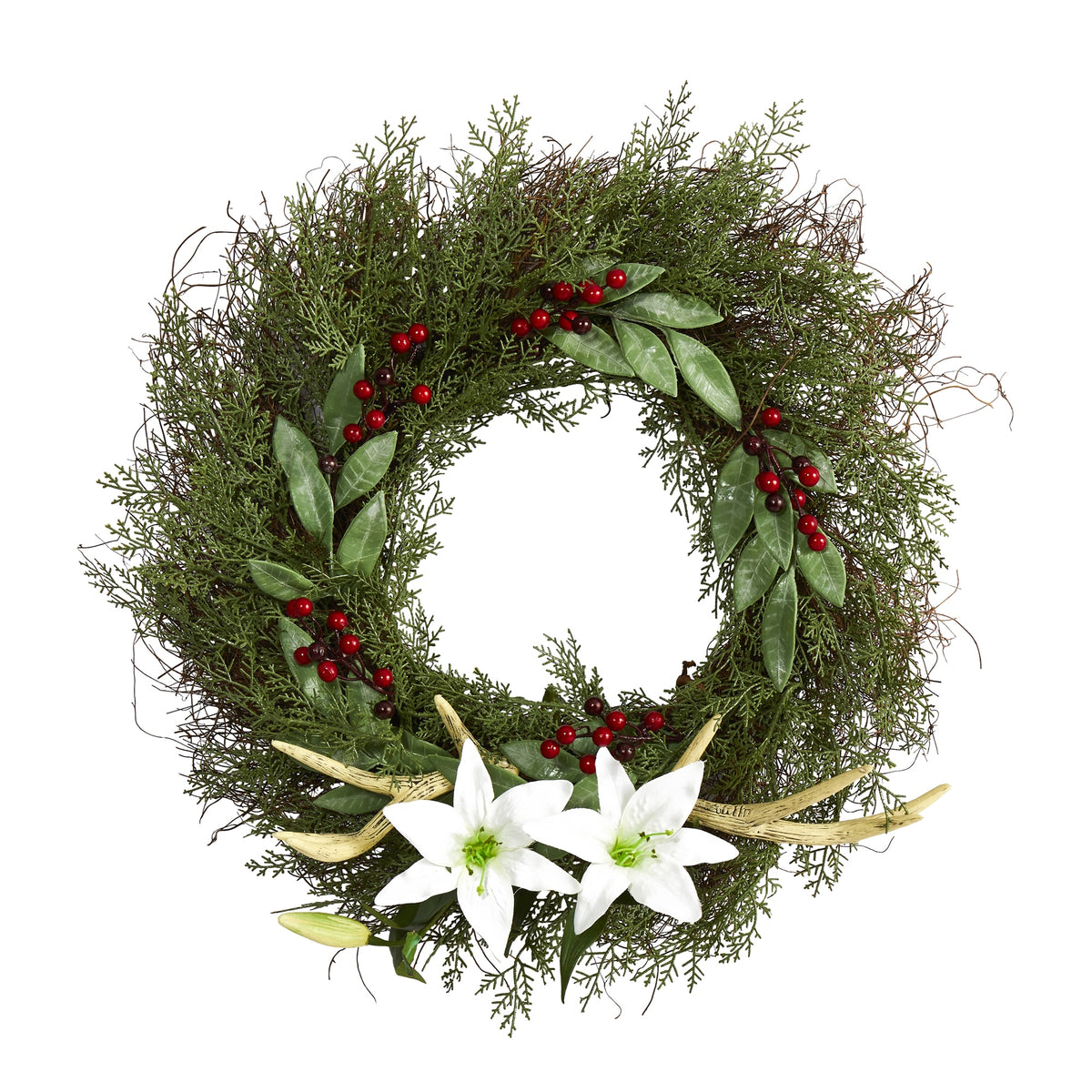20" Cedar Antlers Lily and Ruscus with Berries Wreath by Nearly Natural