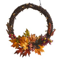 21" Maple Leaf and Berries Wreath w/50 Warm White LED Lights by Nearly Natural
