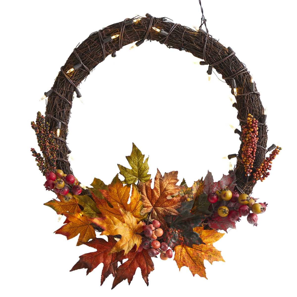 21" Maple Leaf and Berries Wreath w/50 Warm White LED Lights by Nearly Natural
