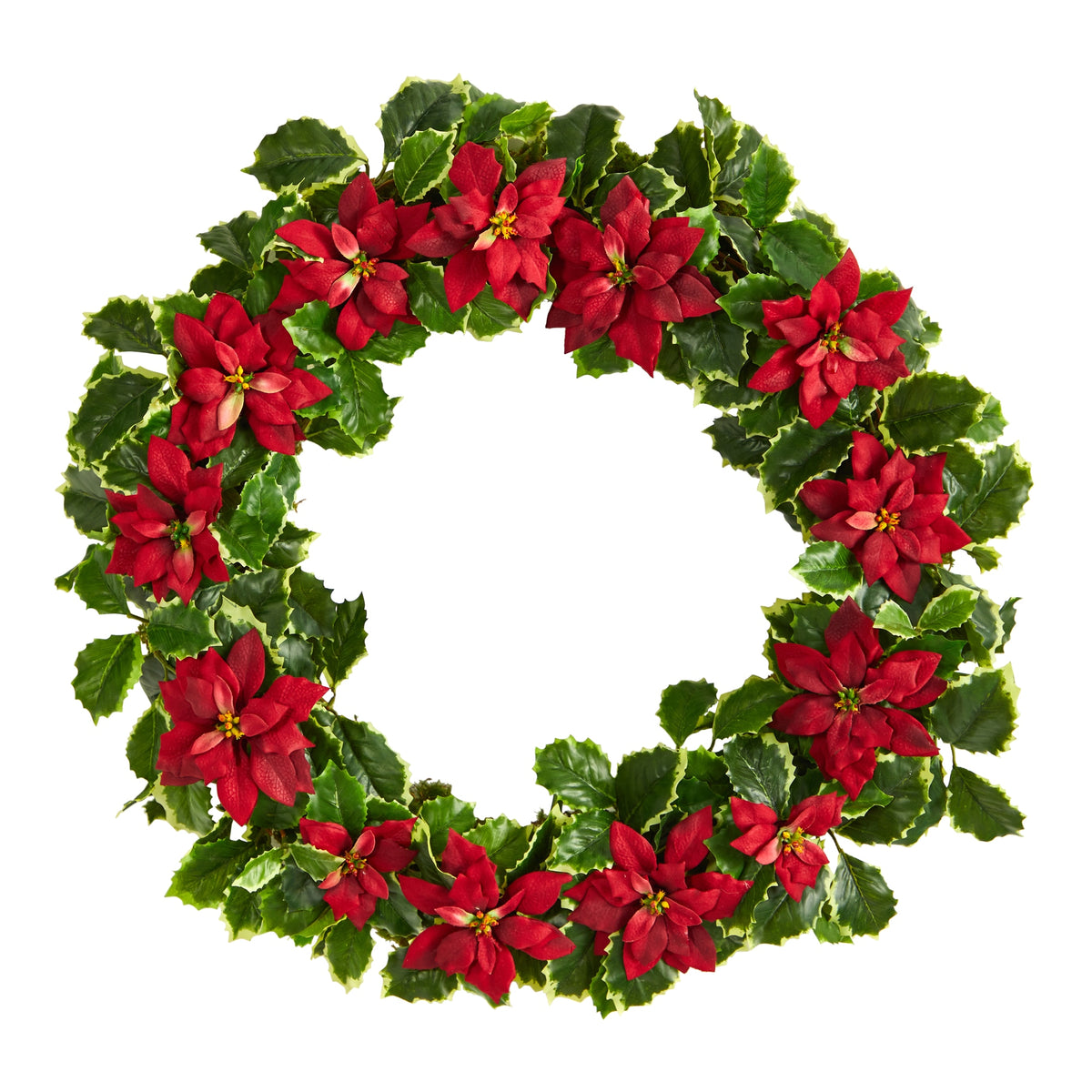 21" Poinsettia and Variegated Holly Christmas Wreath by Nearly Natural in Red