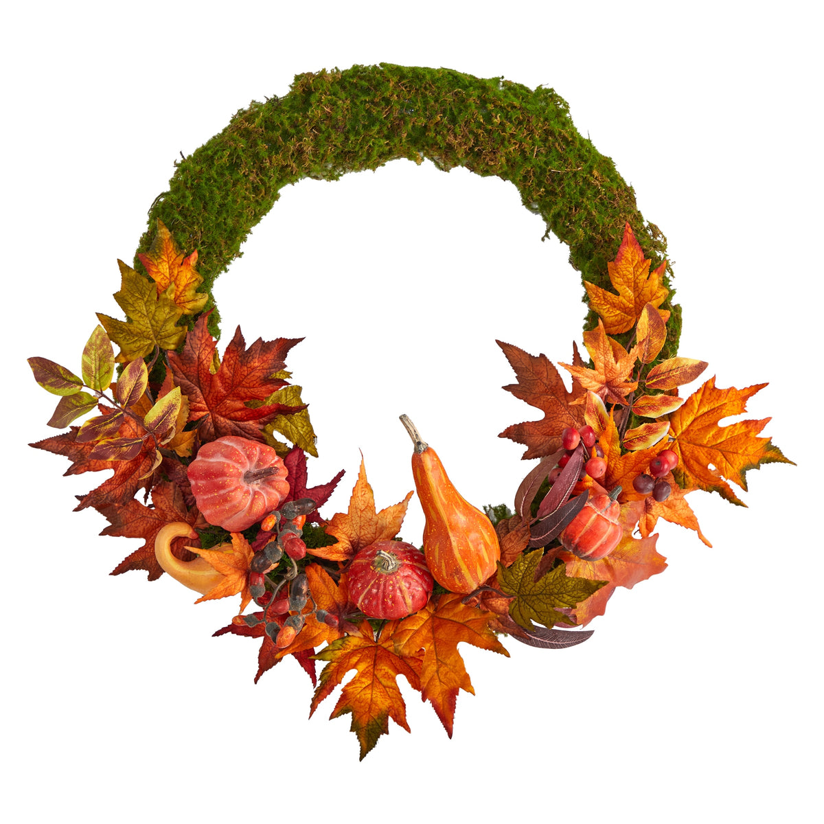20" Autumn Pumpkin Gourd and Fall Maple Leaf  Wreath by Nearly Natural