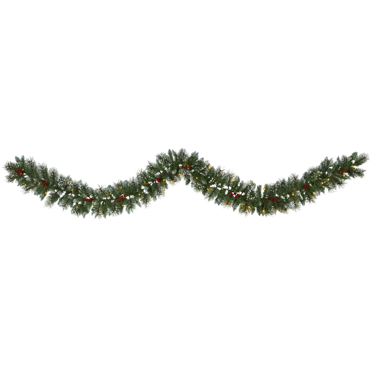 9' Frosted Swiss Pine Garland with 50 Clear LEDs and Berries by Nearly Natural