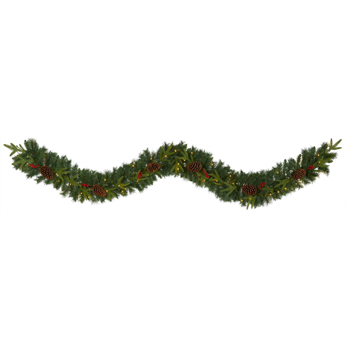 9' Mixed Pine Xmas Garland w/50 LEDs, Berries and Pinecones by Nearly Natural
