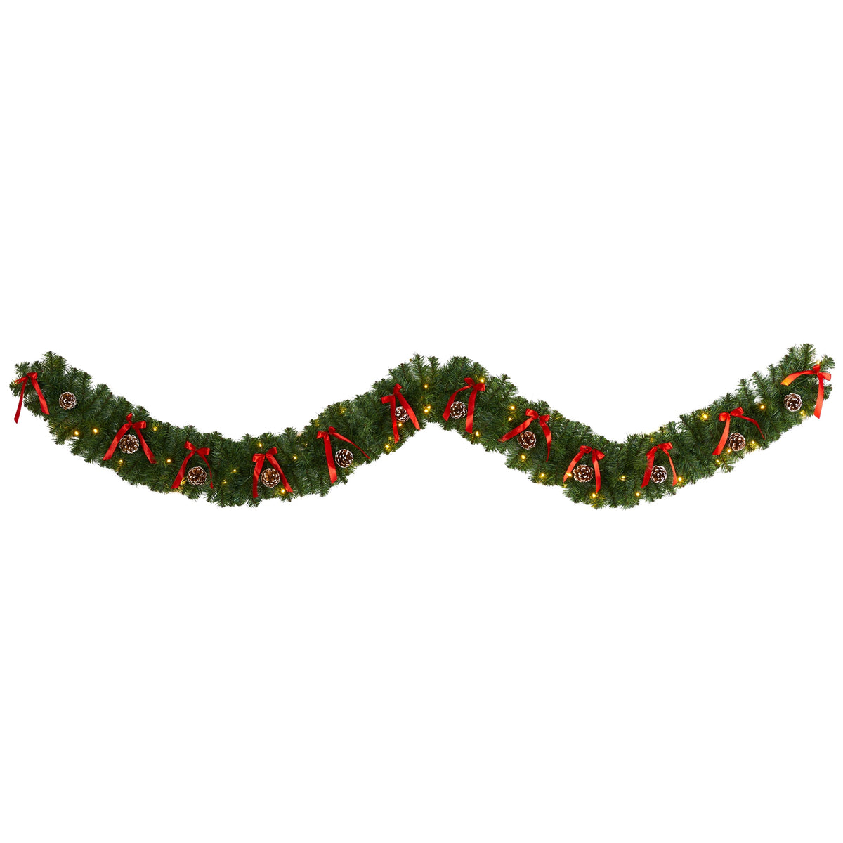 9' Bow and Pinecone Christmas Garland w/35 Clear LED Lights by Nearly Natural