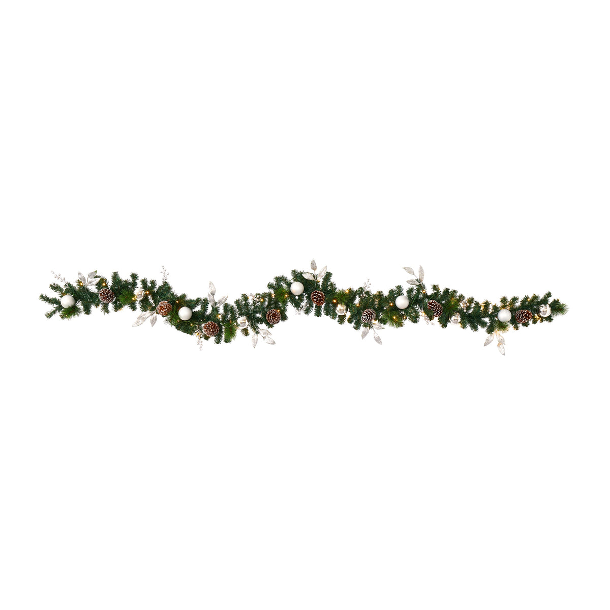 9' Ornament and Pinecone Xmas Garland w/50 Clear LED Lights by Nearly Natural