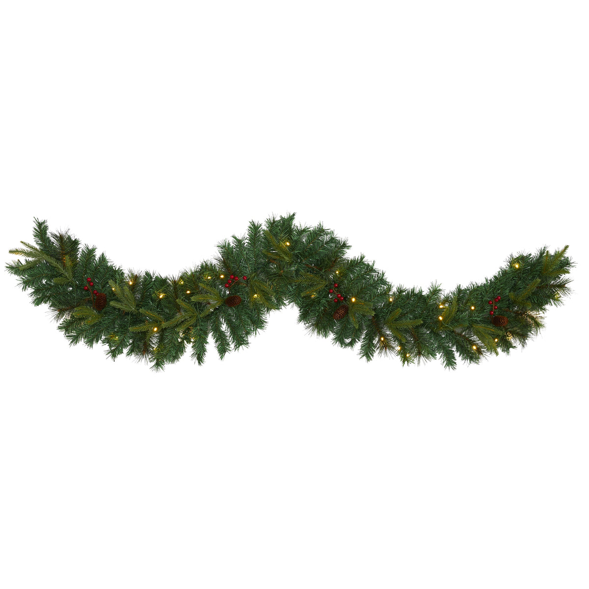 6' Mixed Pine Xmas Garland with 35 LEDs, Berries and Cones by Nearly Natural