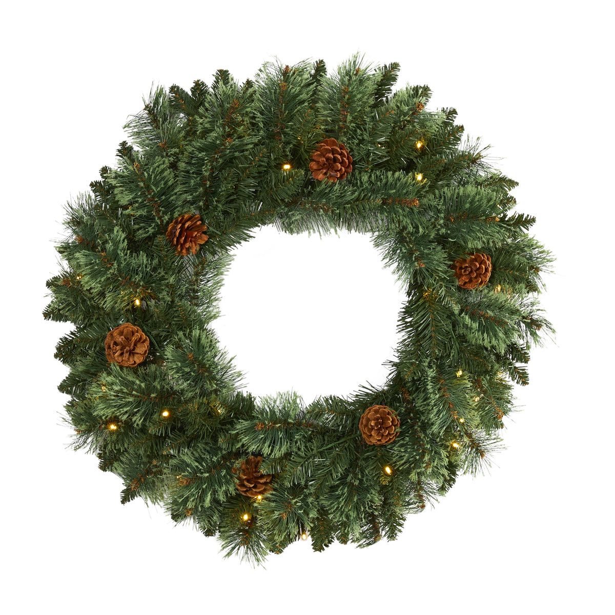 24" White Mountain Pine Xmas Wreath w/35 LEDs and Pinecones by Nearly Natural