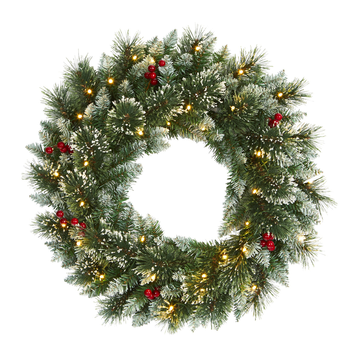 24" Frosted Swiss Pine Wreath w/35 LEDs and Berries by Nearly Natural