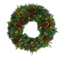 24" Mixed Pine Christmas Wreath w/35 Clear LEDs and Berries by Nearly Natural
