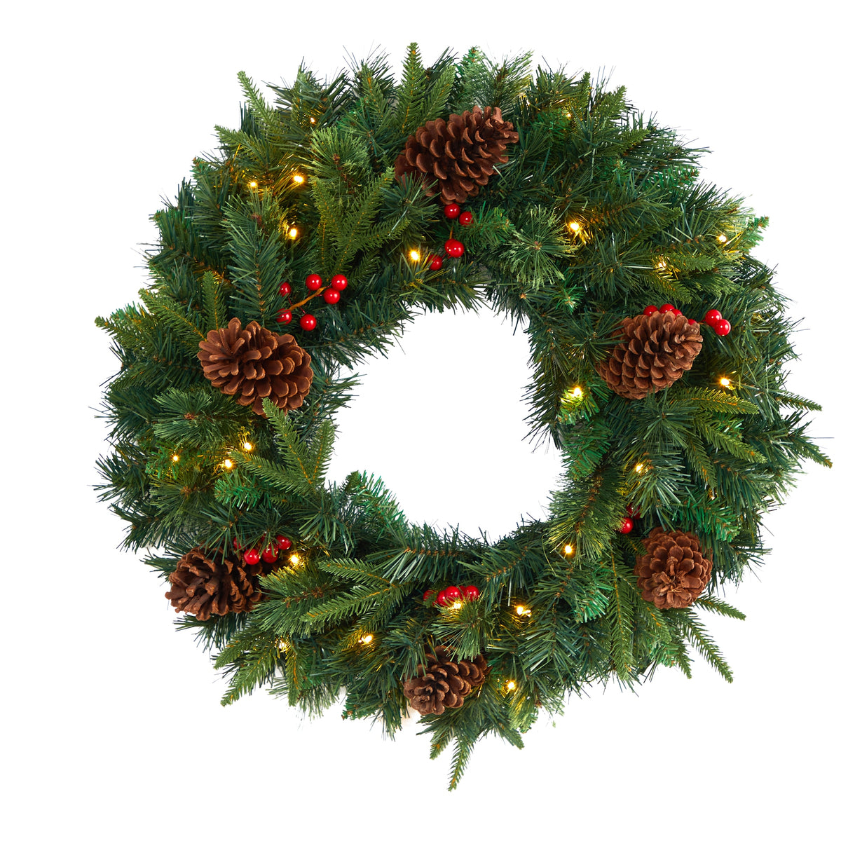 24" Mixed Pine Christmas Wreath w/35 Clear LEDs and Berries by Nearly Natural
