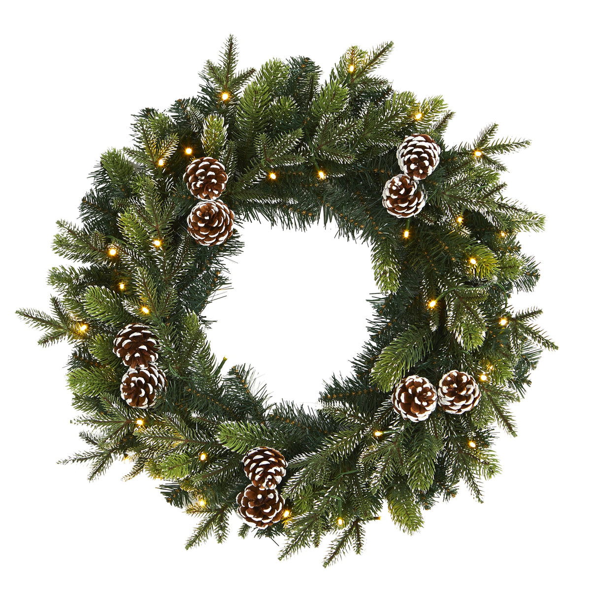 24" Snowed Pinecone Xmas Wreath with 35 Clear LED Lights by Nearly Natural