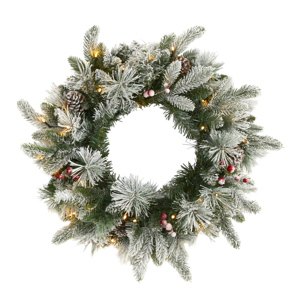 20" Flckd Wreath w/50 LEDs, Pine Cones, Berries & 130 Tips by Nearly Natural