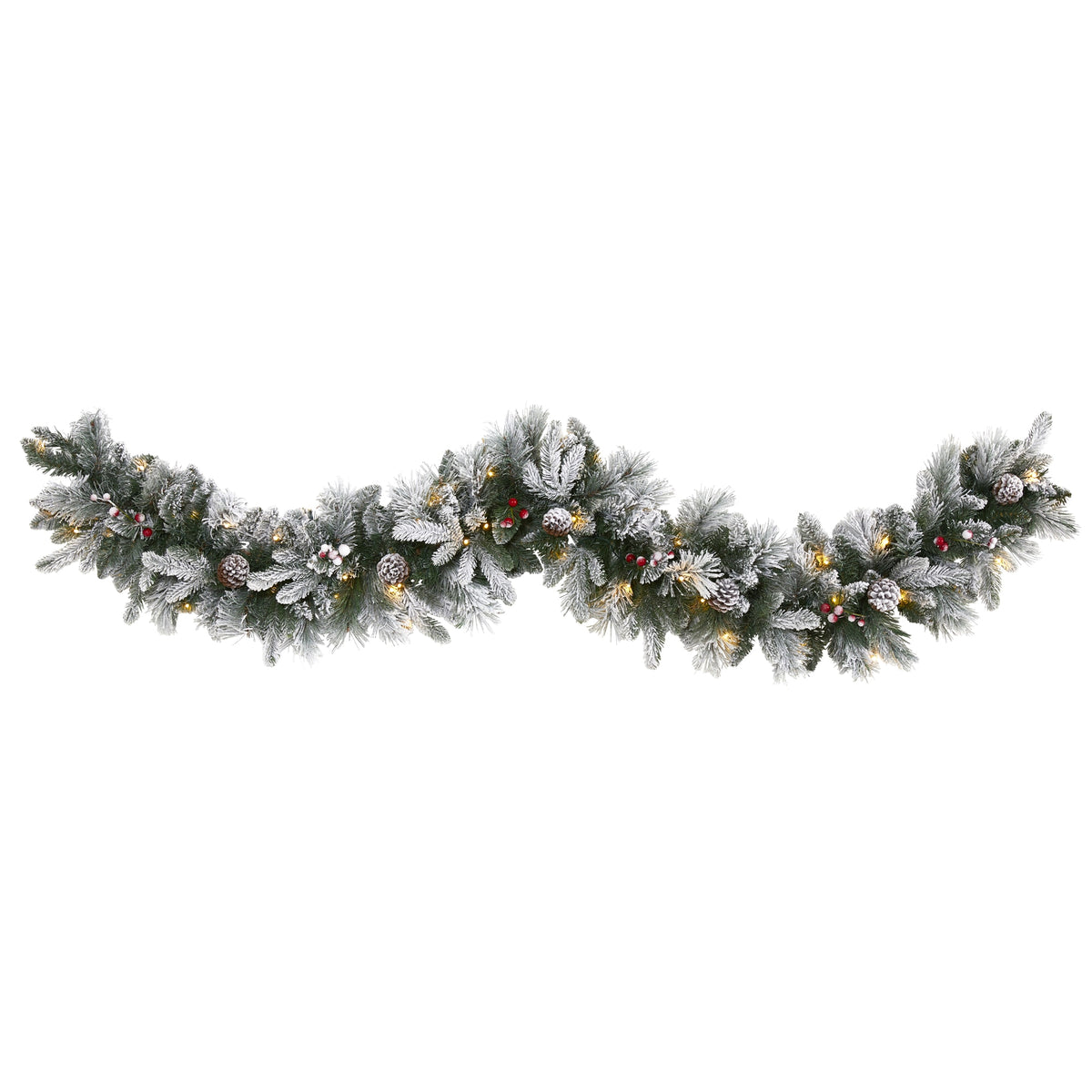 6' Flckd Garland w/50 LEDs, Pine Cones, Berries & 180 Tips by Nearly Natural