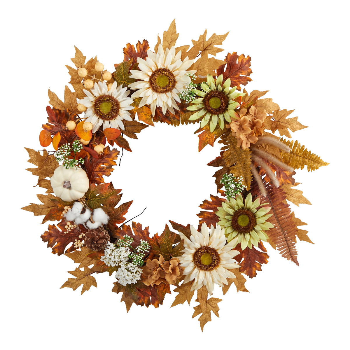 30" Sunflower, White Pumpkin and Berries Fall Wreath by Nearly Natural