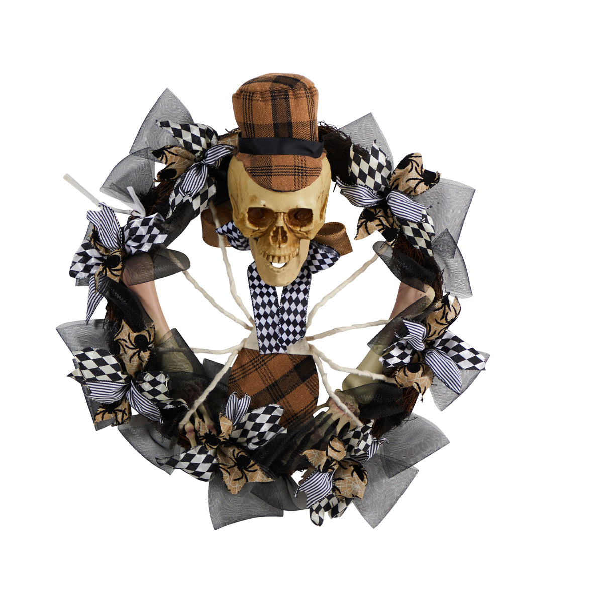24" Halloween Skull in Plaid Mesh Wreath by Nearly Natural