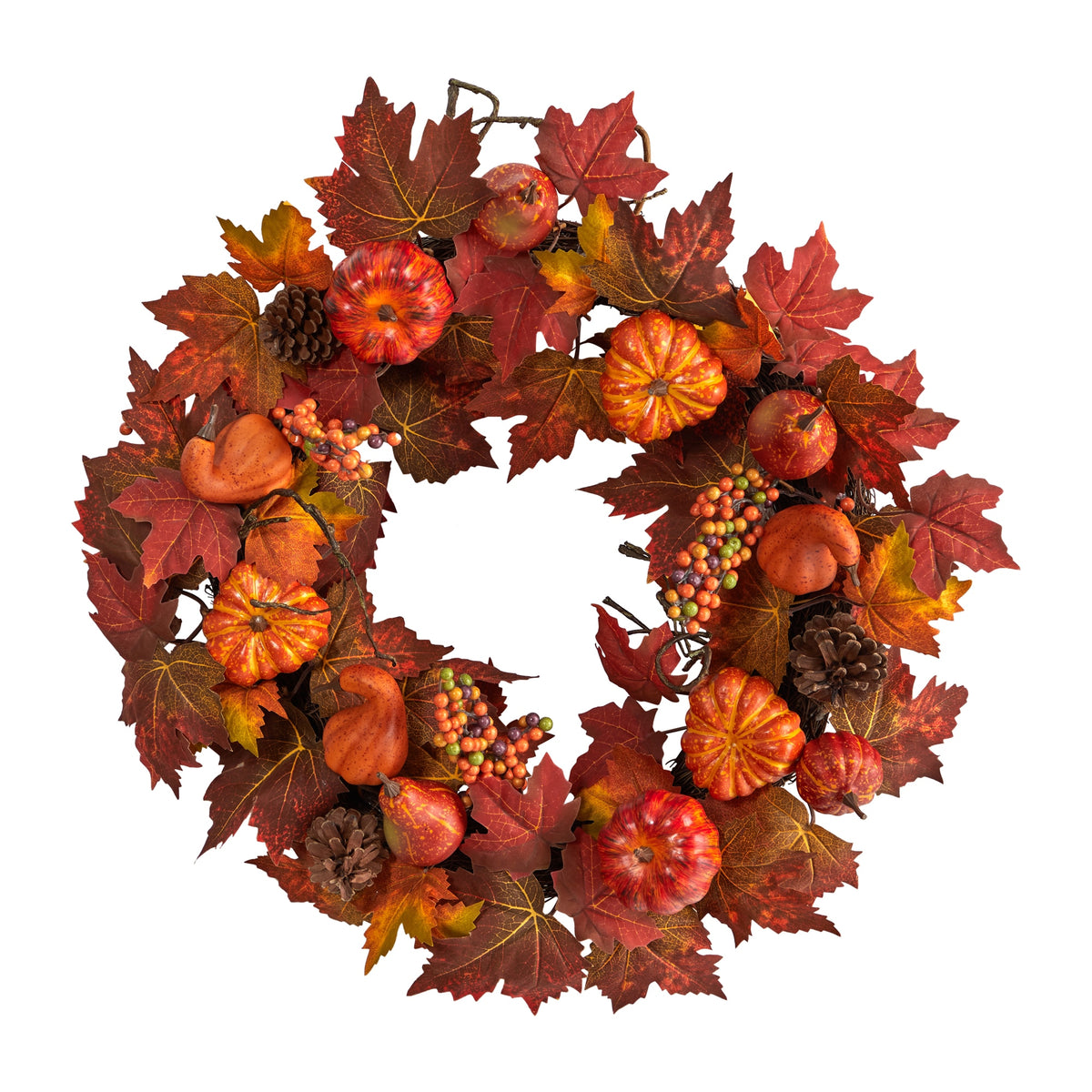 24" Maple Leaves, Pumpkin, Pinecone and Berries Wreath by Nearly Natural