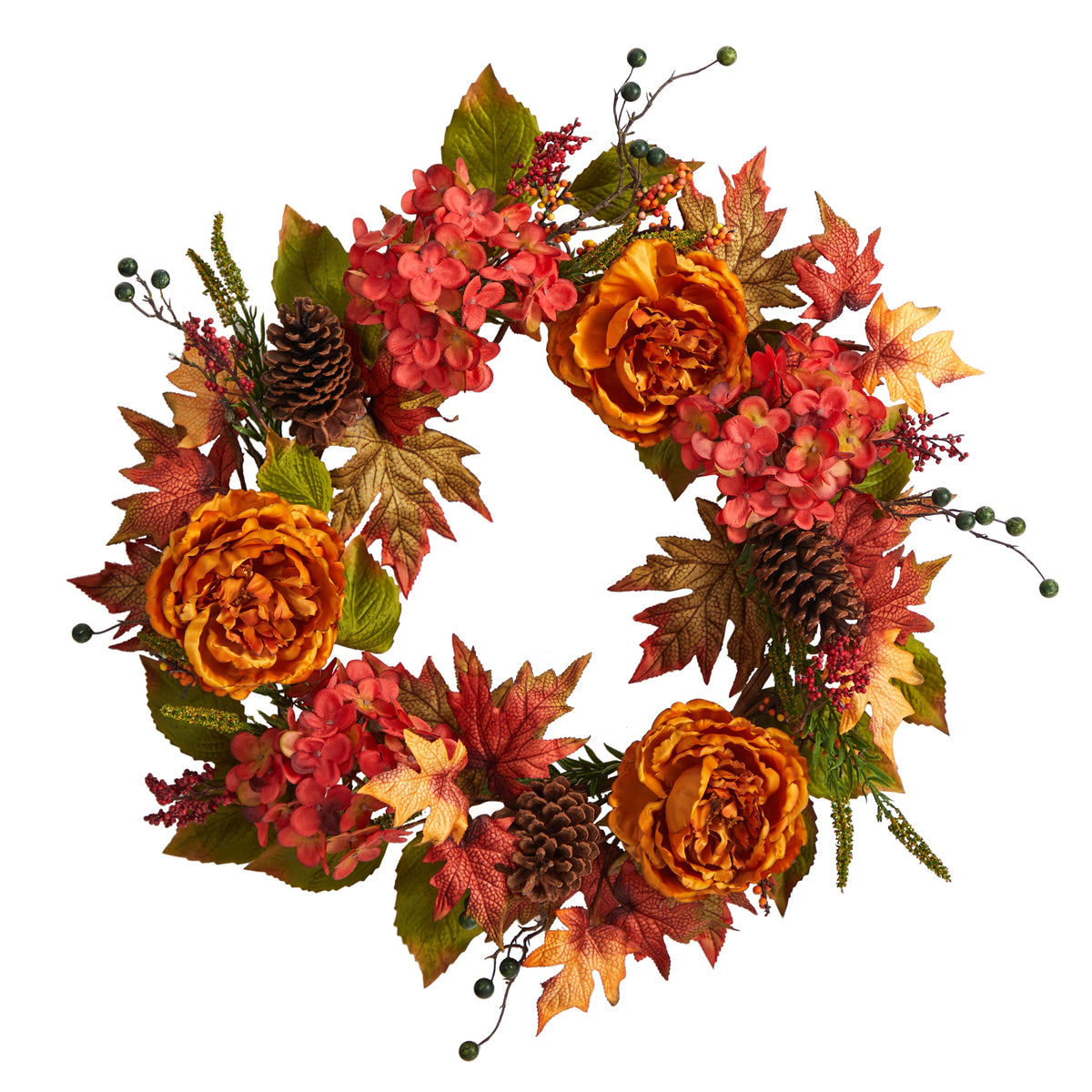 25" Fall Ranunculus Hydrangea and Berries Autumn Wreath by Nearly Natural