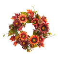 24" Autumn Sunflower Pumpkin Pinecone and Berries Wreath by Nearly Natural