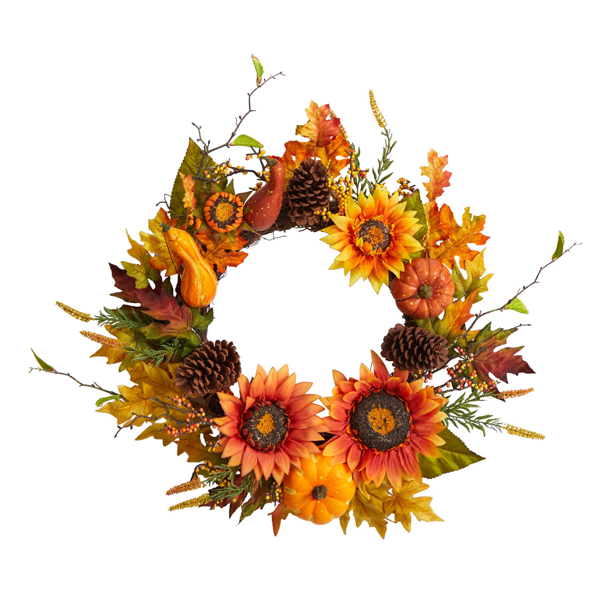 24" Fall Sunflower Pumpkin Pinecone and Berries Wreath by Nearly Natural