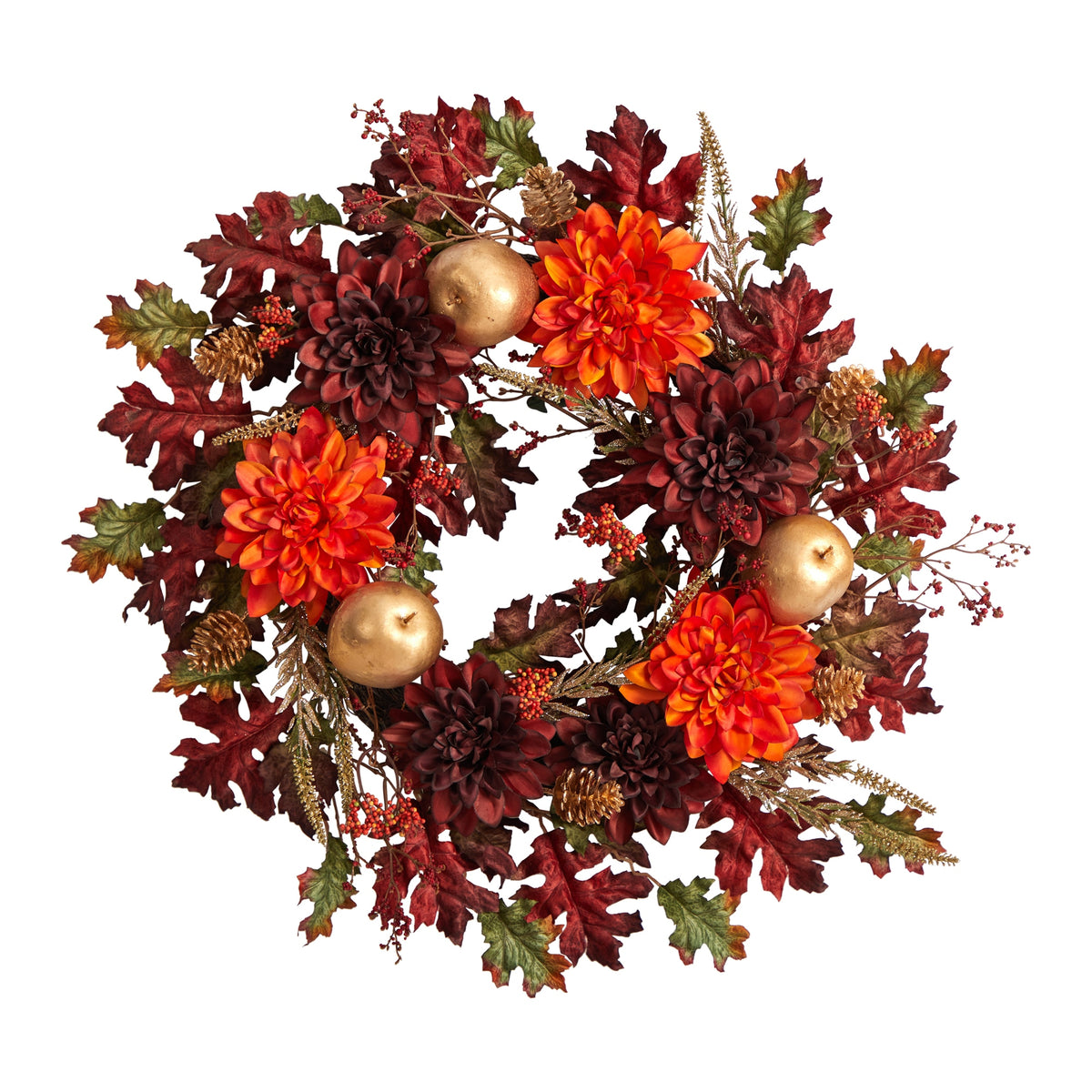 24" Dahlia Apple Oak Leaf and Berries Artificial Wreath by Nearly Natural