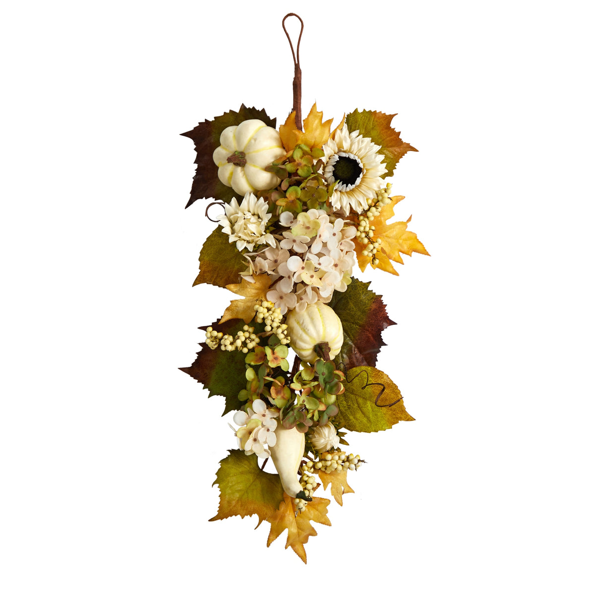 33" Fall Sunflower Hydrangea and Pumpkin Teardrop by Nearly Natural