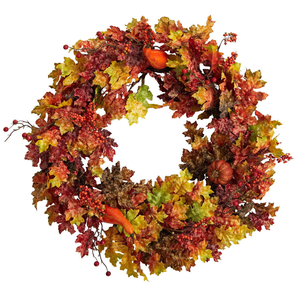 32" Autumn Oak Leaf Berries and Pumpkin Autumn Wreath by Nearly Natural