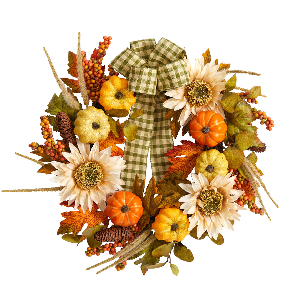 24" Fall Sunflower Pumpkin Wreath with Decorative Ribbon by Nearly Natural
