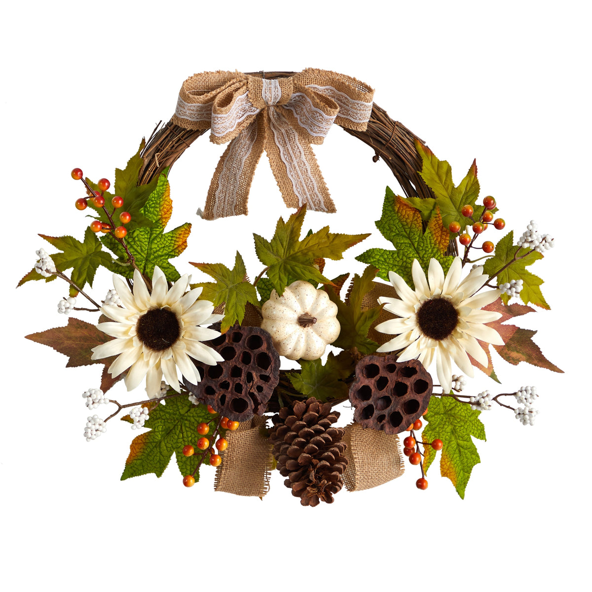 20" Sunflower Pumpkin and Dried Lotus Pod Fall Wreath w/Bow by Nearly Natural