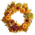 22" Autumn Sunflower Hydrangea and Pumpkin Wreath by Nearly Natural