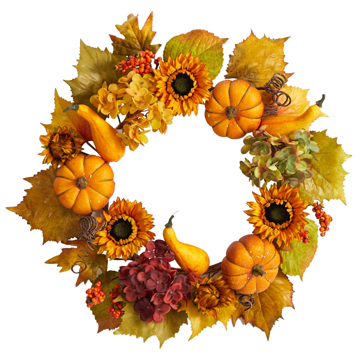 22" Autumn Sunflower Hydrangea and Pumpkin Wreath by Nearly Natural