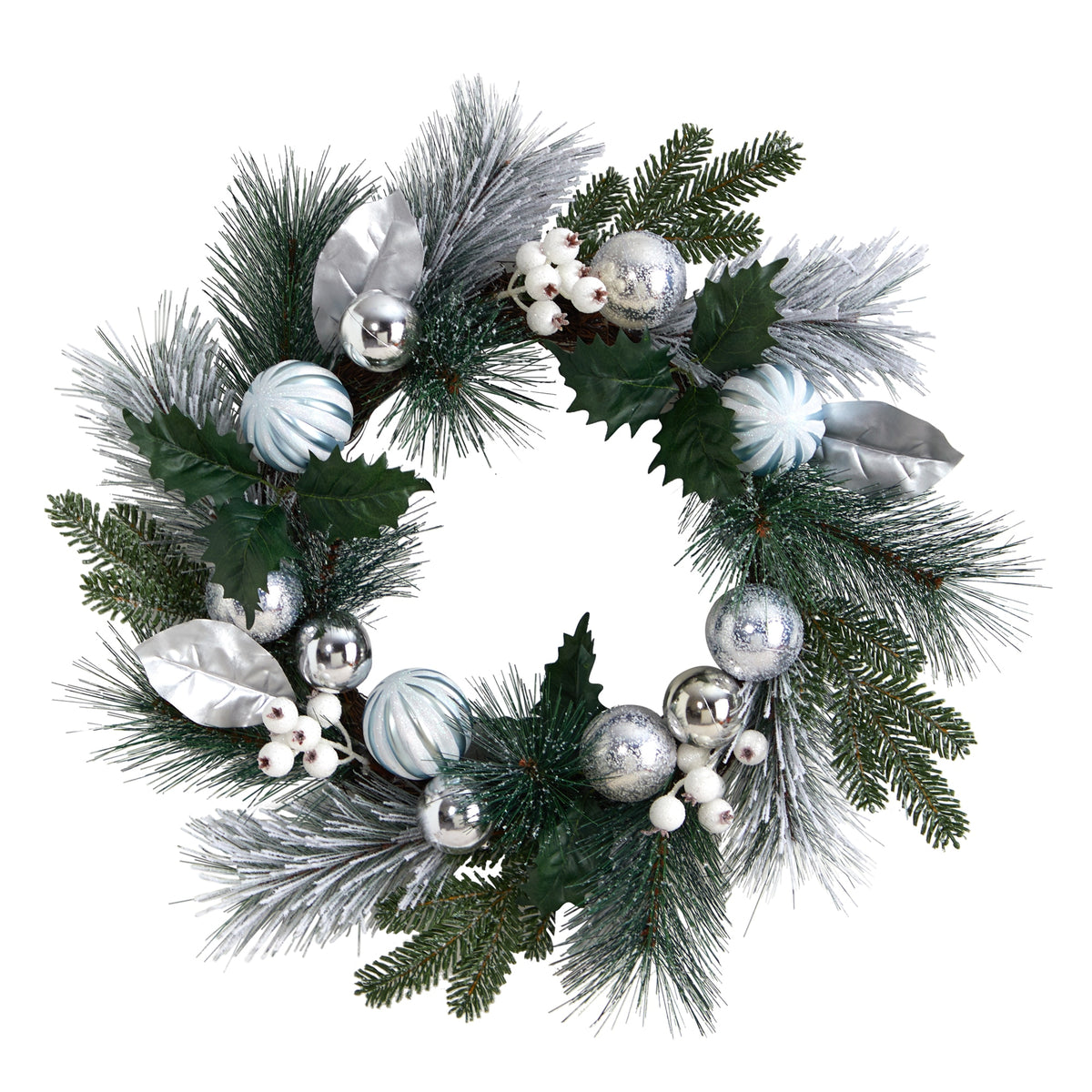 24" Pinecones & Berries Christmas Wreath w/Silver Ornaments by Nearly Natural