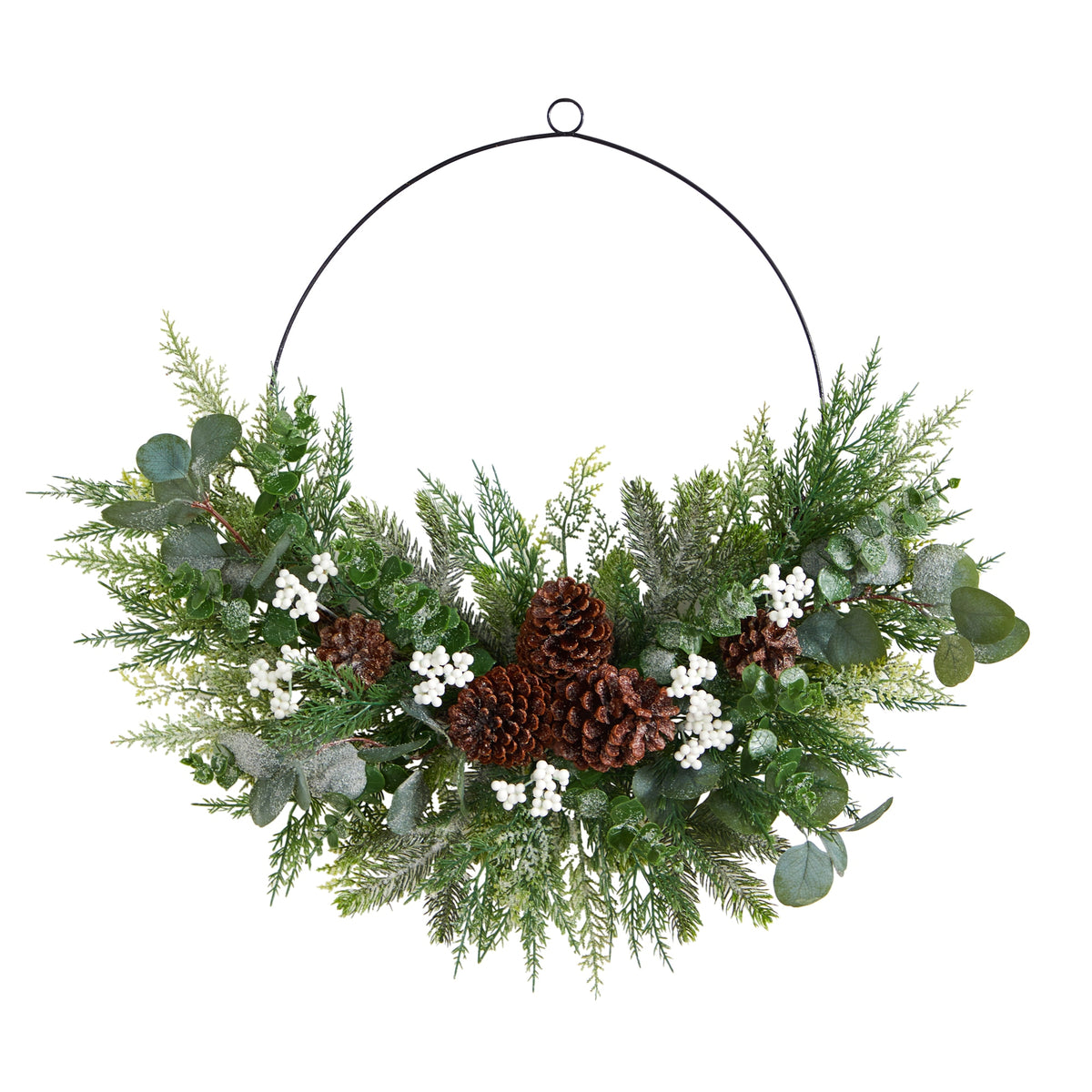 28" Xmas Pine, Eucalyptus, and Berries Metal Circlet Wreath by Nearly Natural