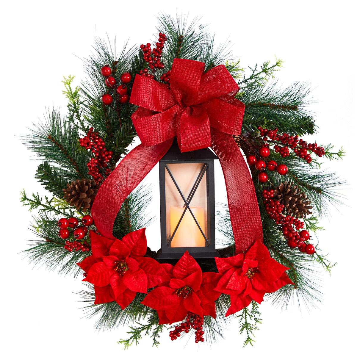 28" Poinsettia and Berry Lantern Holiday Christmas Wreath by Nearly Natural